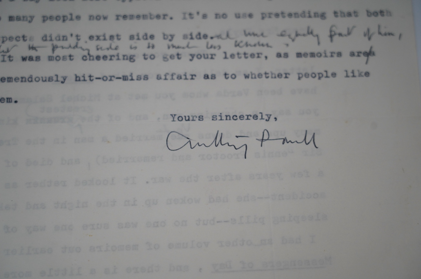 Anthony Powell (1905-2000). Typed letter with handwritten amendments and full signature, to a Mrs Hoyle, 7 December 1978. Discusses Infants of the Spring (1976), Messengers of Day (1978)